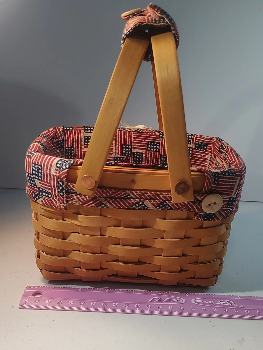 Longaberger Small Market Basket With Old Glory Liner, Flag Tie On, & Handle Tie